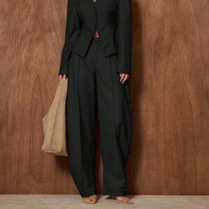 Black Elegant Women's Mid Waist Balloon Loose Fit Pleated Trousers